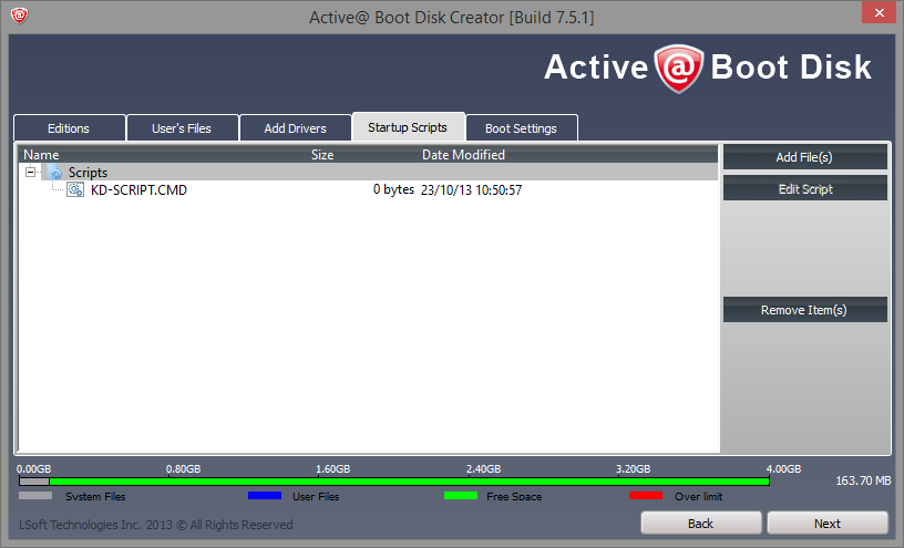In the User's Files section, add the KILLDISK.INI file