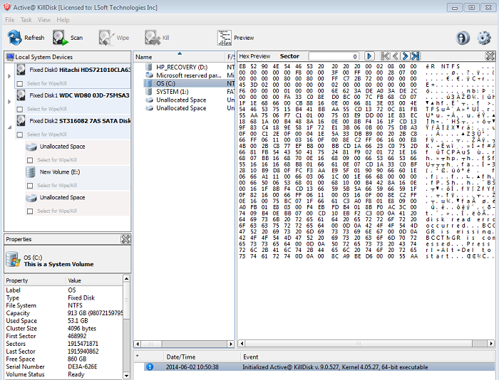 Active@ KillDisk: The Hex Preview panel appears