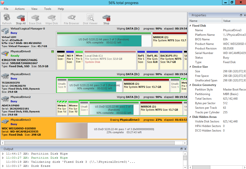 Active@ KillDisk Windows. Erasing Data from Hard Disk. Erase progress.