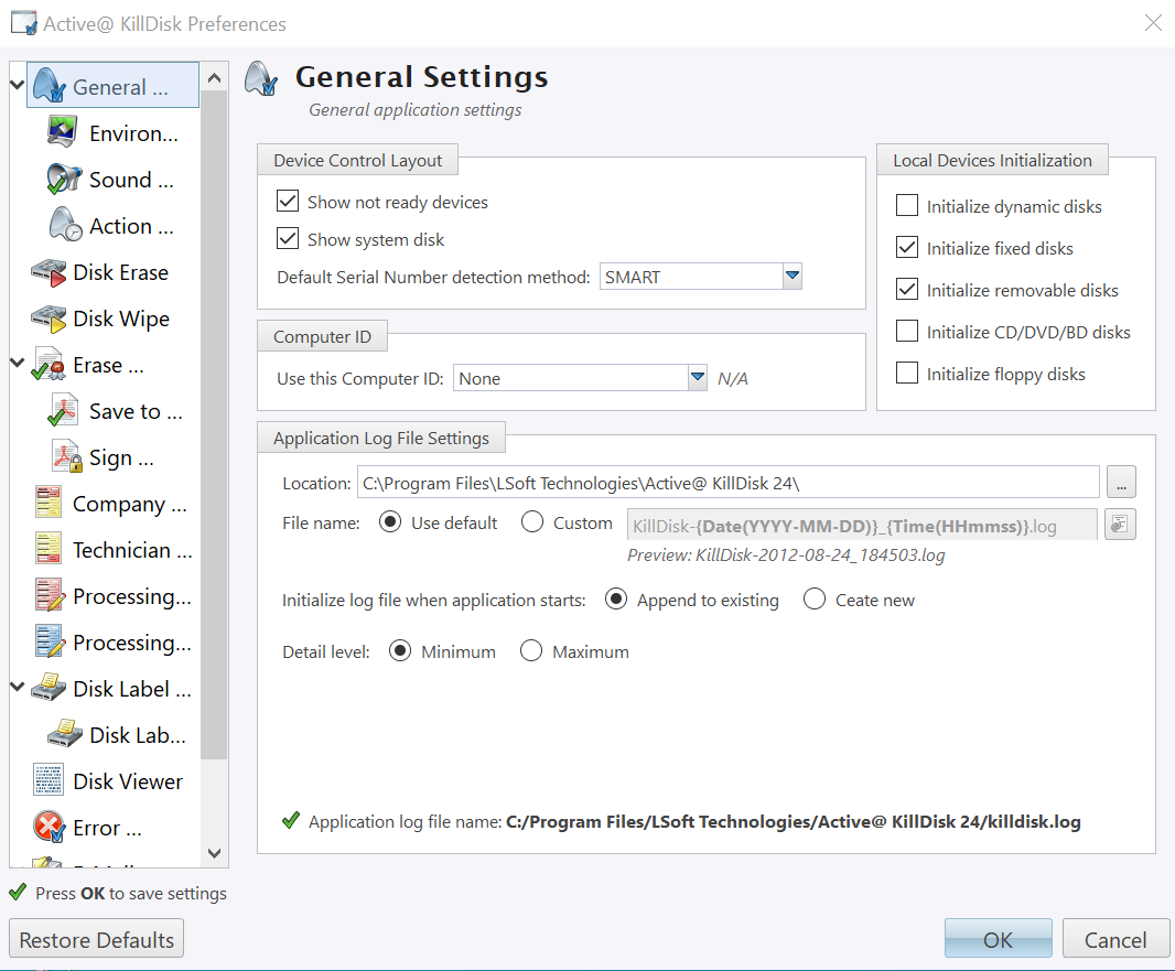 KillDisk Preferences